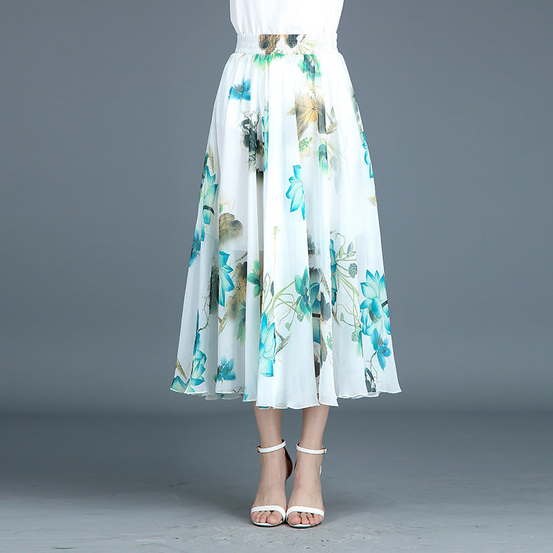 Floral Print High Waist Pleated Maxi Swing Skirt