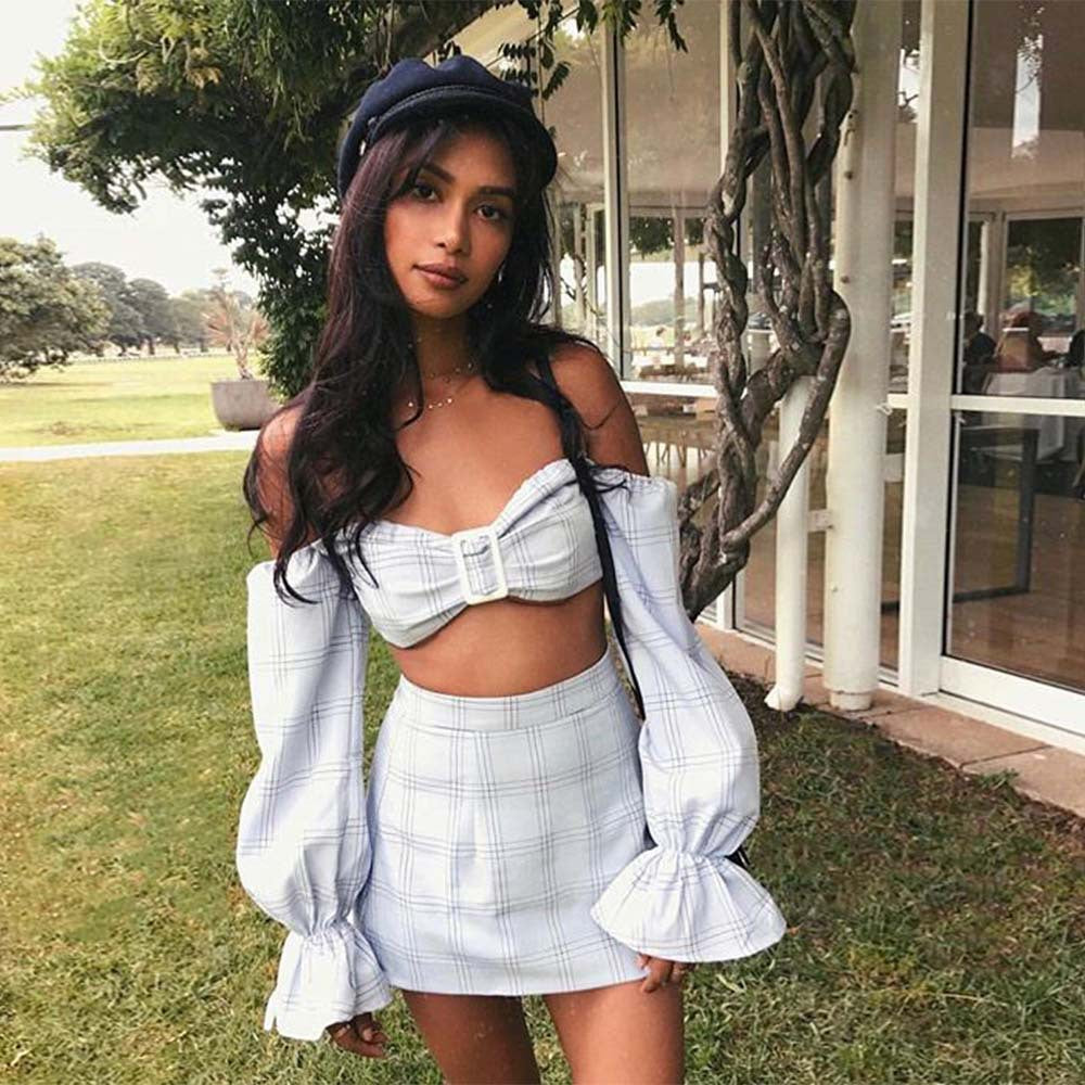 Plaid Hasp Strapless Long Flare Sleeves Crop Ton with Short High Waist Skirt Two Pieces Set