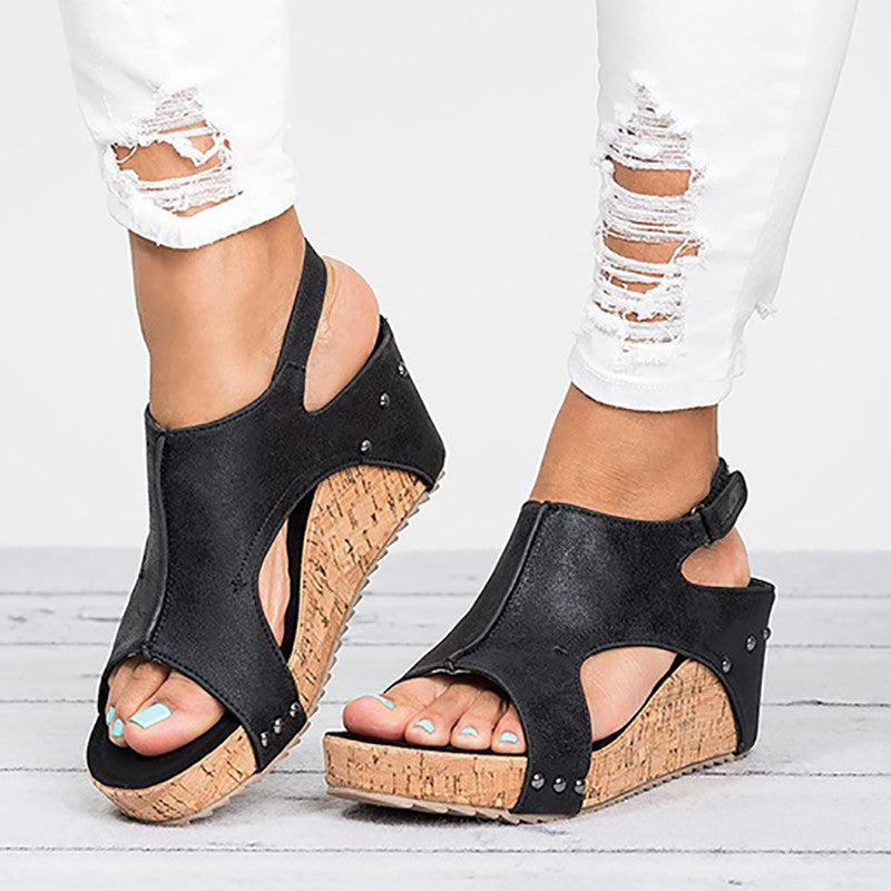 Cut Out Open Toe Retro Platform Women Wedge Sandals