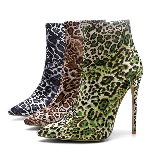 Leopard Zipper Pointed Toe High Heel Calf Boots