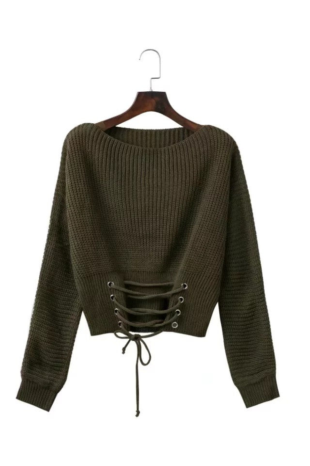 Pure Color Scoop Long Sleeves Lace Up Sweater