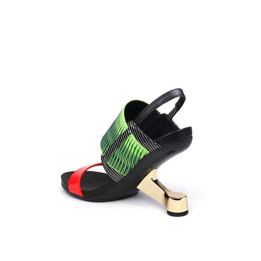 Leather Open Toe Color Block Special Shaped Heel Sandals