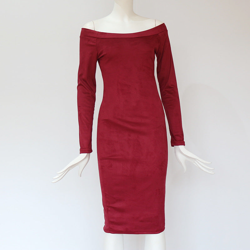 Off the Shoulder Solid Color Women Tee-length Dress