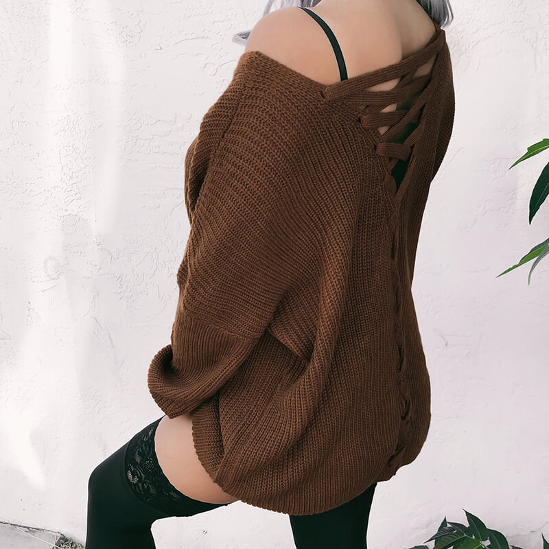 V-neck Lace-up Pure Color Knit Sweater