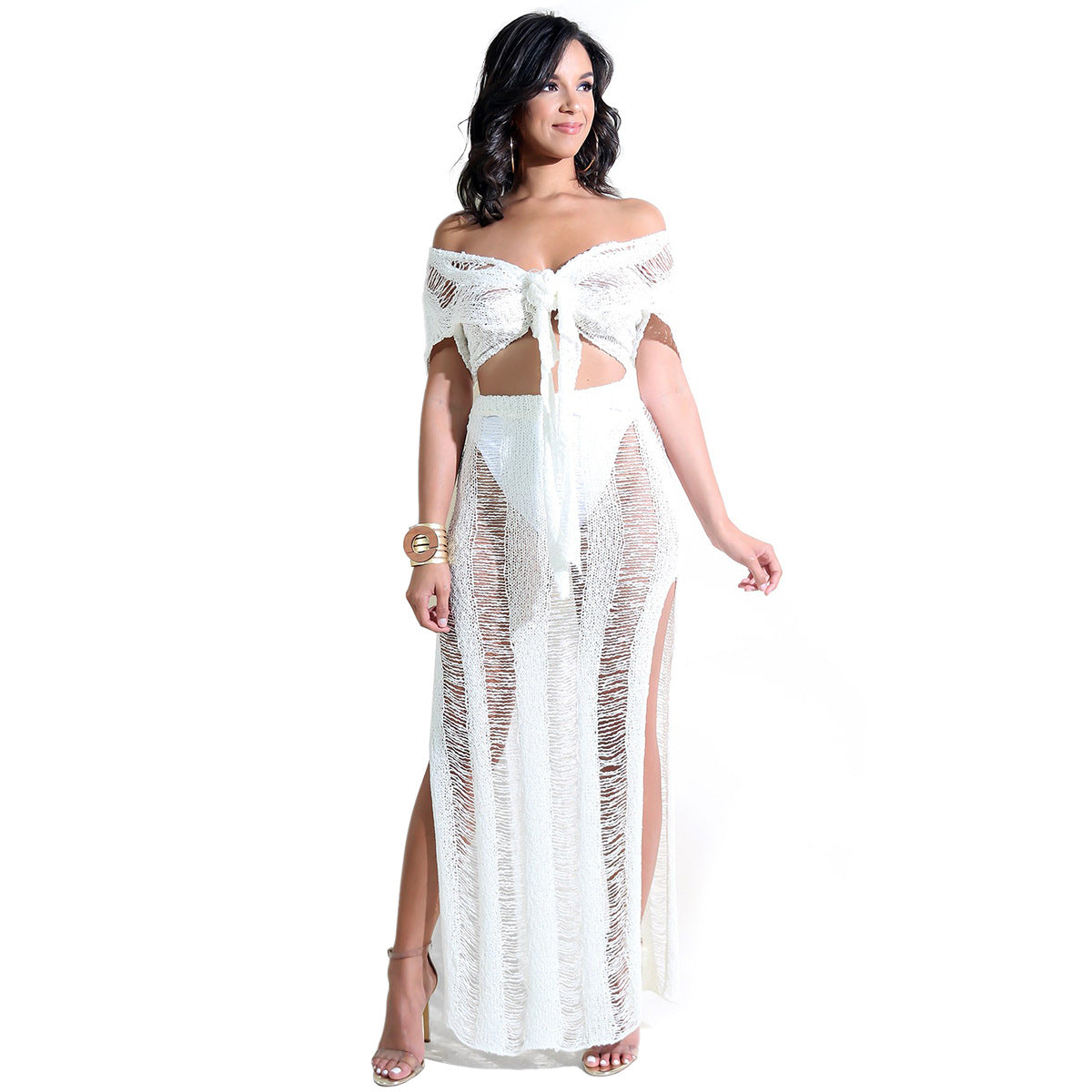 Straps Bandage Crop Top with High Waist Long Split Skirt Two Pieces Beach Set