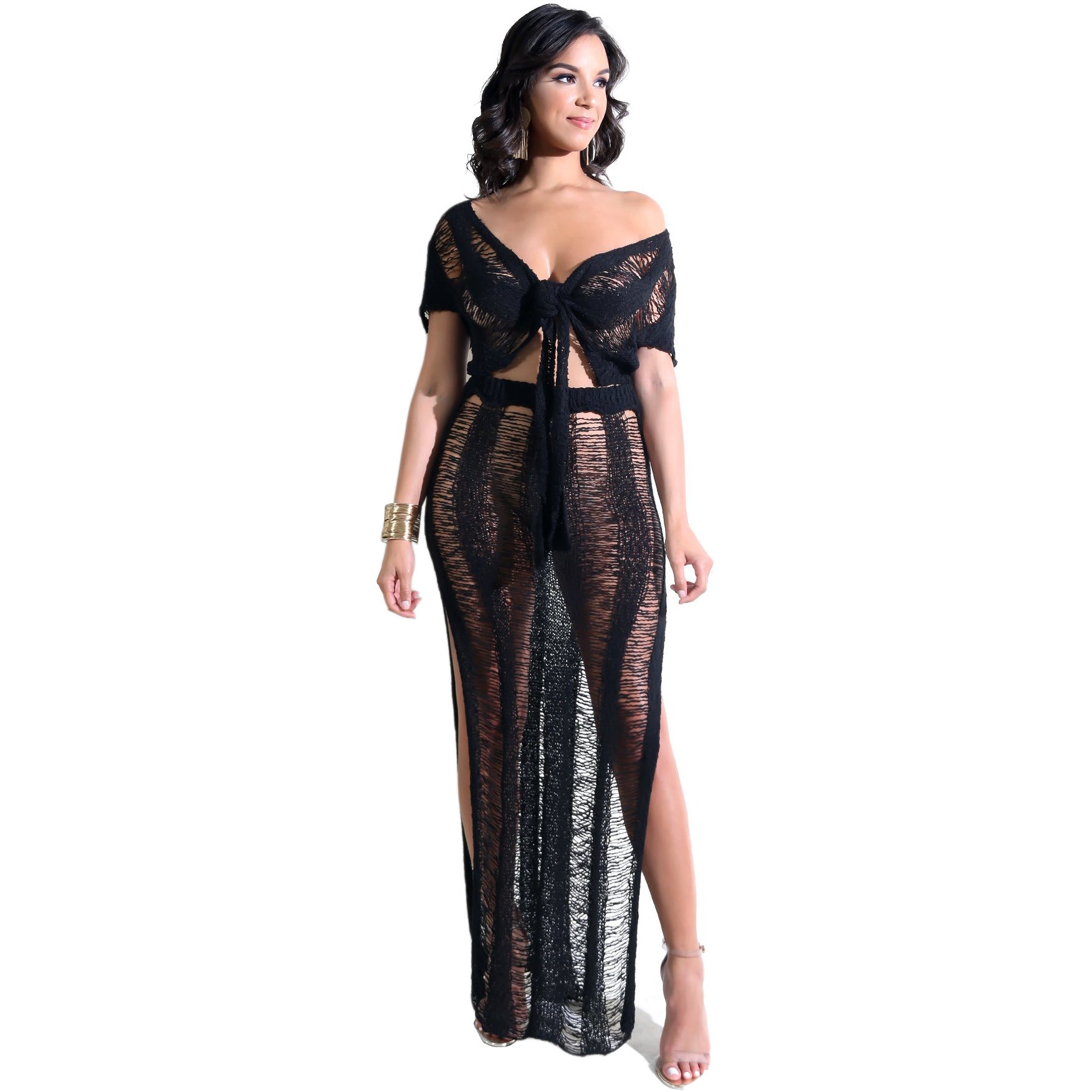Straps Bandage Crop Top with High Waist Long Split Skirt Two Pieces Beach Set