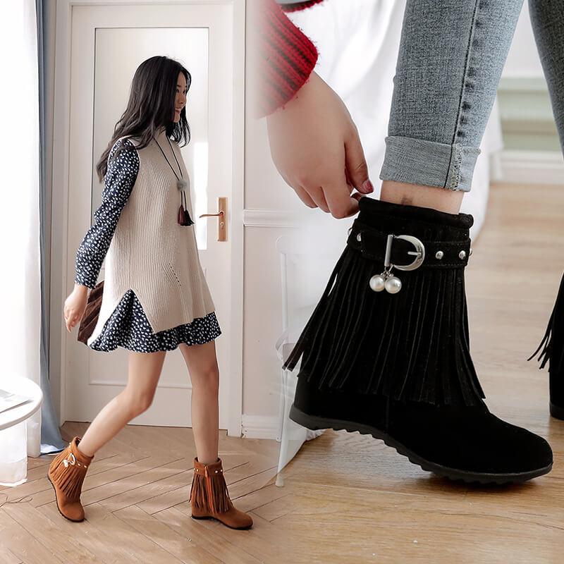 Winter Suede Flat Fringe Buckle Calf Boots