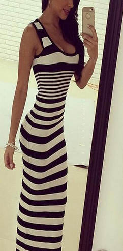 Striped Sleeveless Sheath Bodycon Low-cut Long Sexy Dress - Meet Yours Fashion - 1