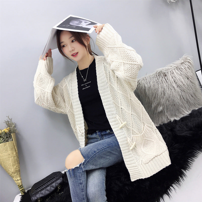 Cable Knit Solid Pockets Loose Dropped Shoulder Sweater