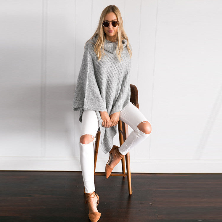 Pure Color Irregular Long Sleeves High Neck Regular Sweater