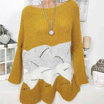 Crewneck Colorblock Hollow Out Knit Sweater