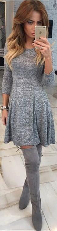 Fashion Gray A-Line Pleated Long Sleeve Short Dress