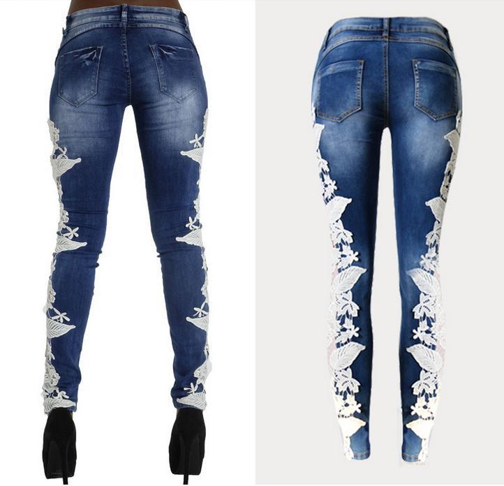 Lace Patchwork Hollow Skinny Straight High Waist Jeans - Meet Yours Fashion - 5