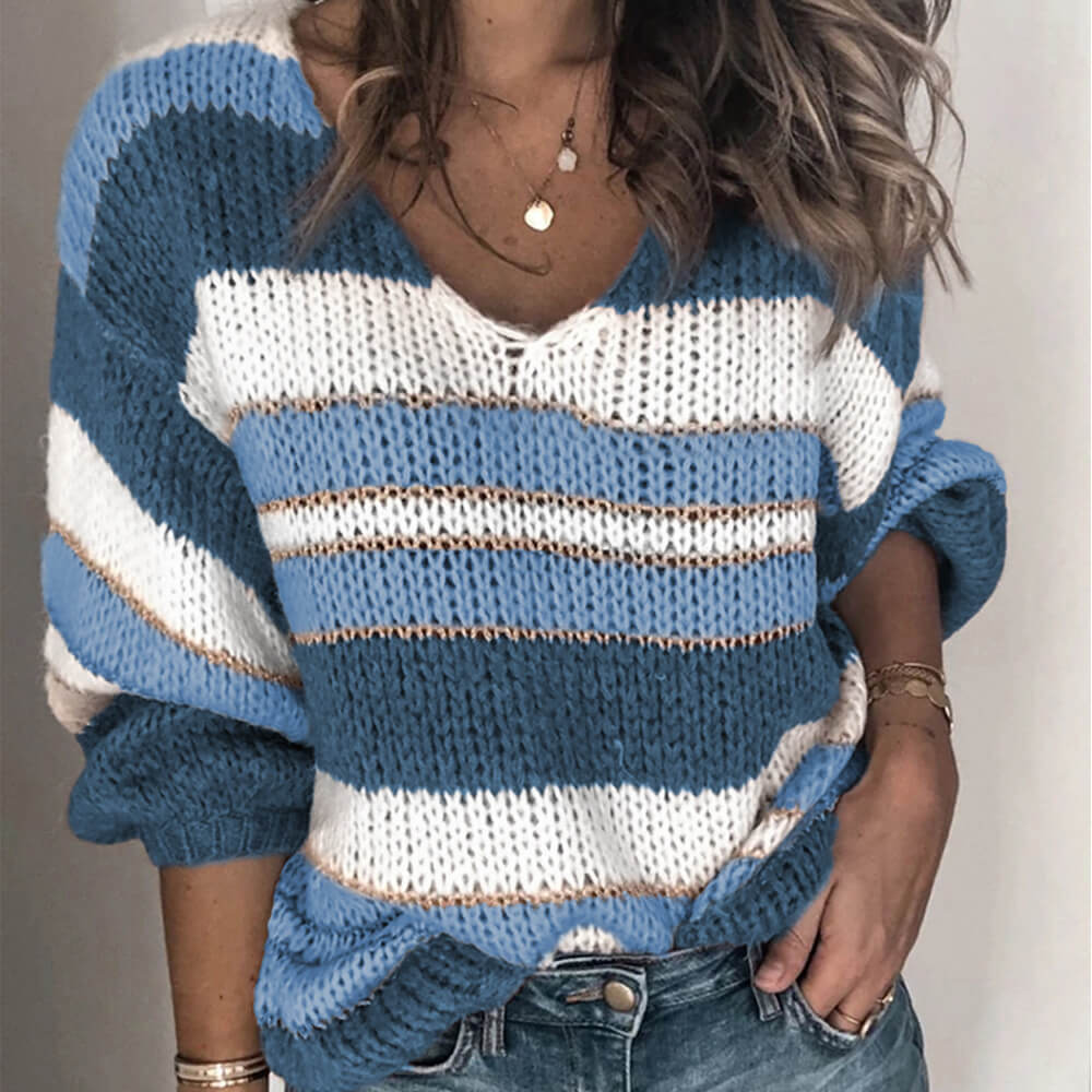 Oversized V Neck Colorblock Stripes Knit Sweater