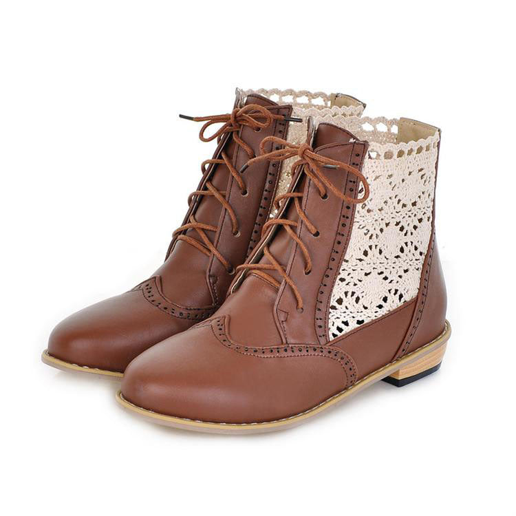 Lace Patchwork Hollow Out Round Toe Low Chunky Heel Short Boots