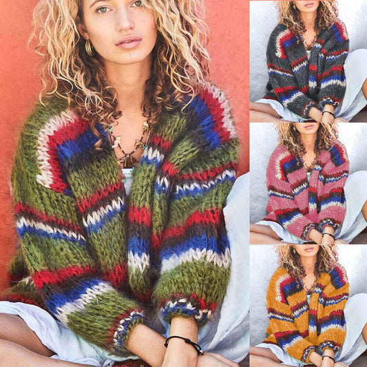 Colorblock Rainbow Striped Knit Cardigan Sweater