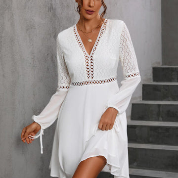 New European and American Style V-neck Lace Patchwork Long Sleeve Dress