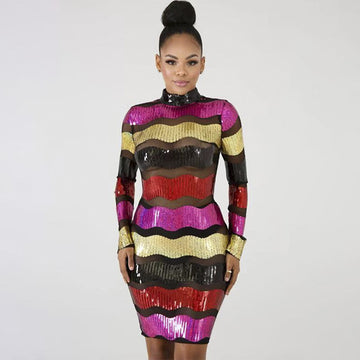 Sequin Colorblock Sheer Bodycon Long Sleeve Dress
