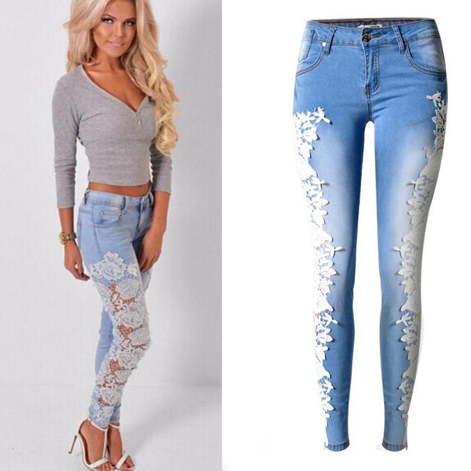 Lace Patchwork Hollow Low Waist Straight Hot Jeans