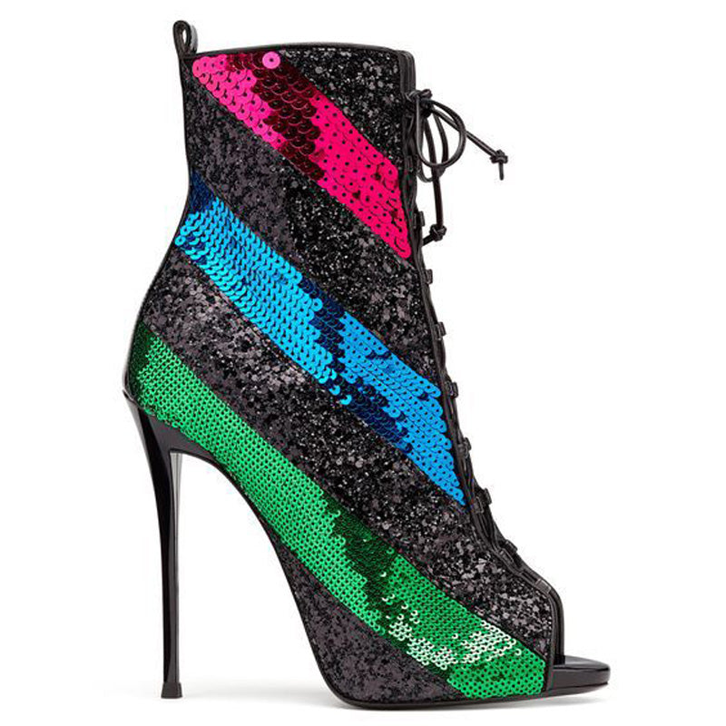 Peep Toe Sequin Strap Colorblock High Heel Sandals