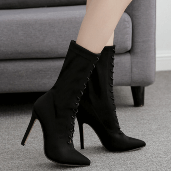 Lace Up High Heel Stretch Mid Calf Boots