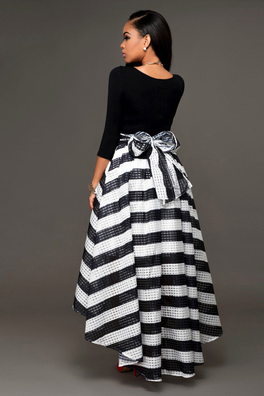 Scoop Blouse with Irregular Stripe Skirt Two Pieces Dress Set