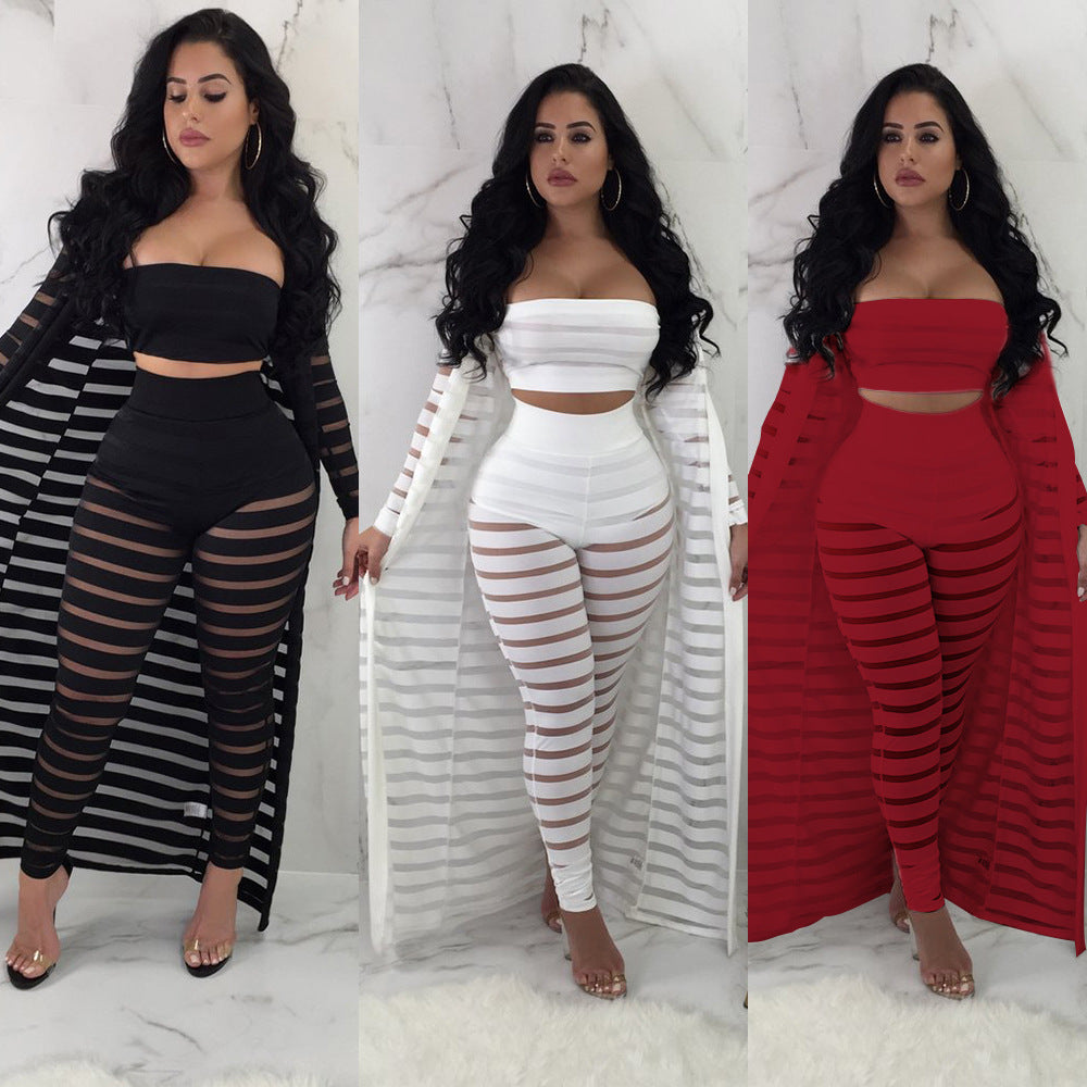 Strapless Crop Top Transparent Long Skinny Pants with Outwear Women Three Pieces Set