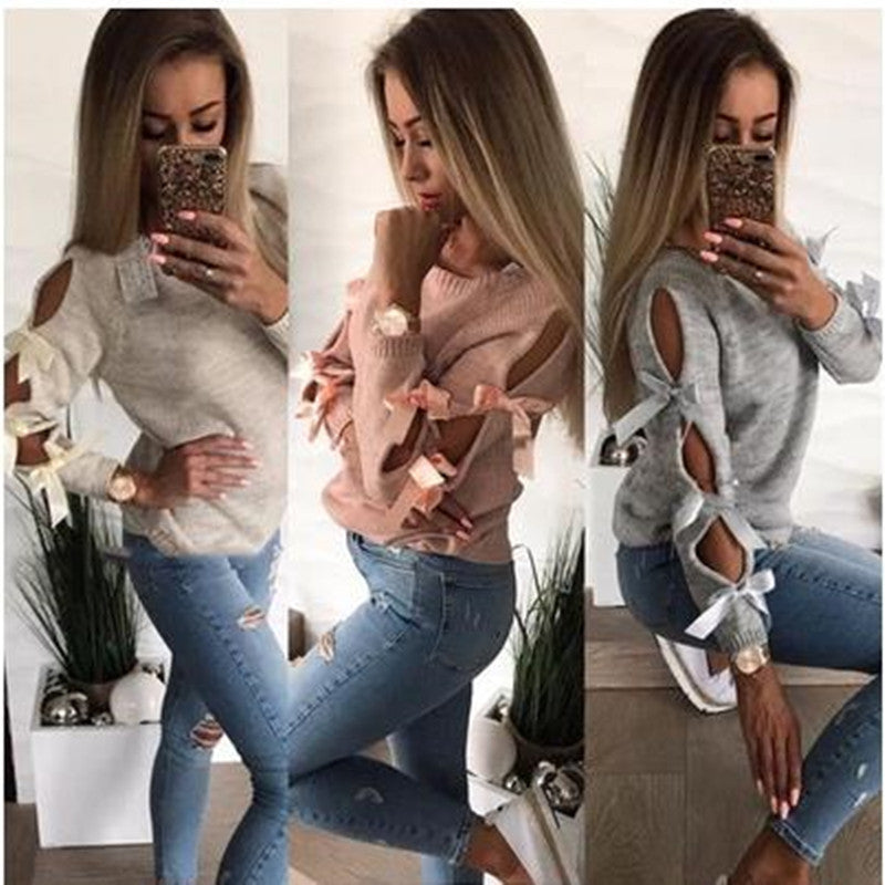 Straps Bowknot Hollow Out Women Solid Color Slim Sweater