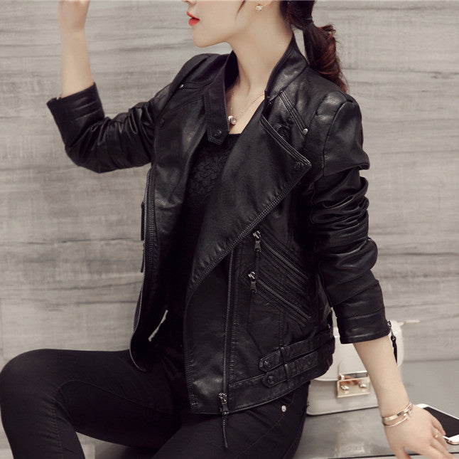 Black Oblique Zipper Slim Stand Collar Crop Jacket - Meet Yours Fashion - 2