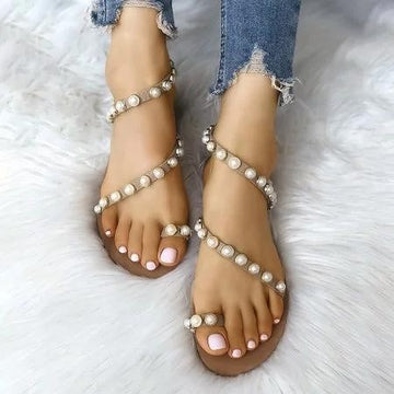 Pearl Thong Pure Color Flat Women Beach Sandals