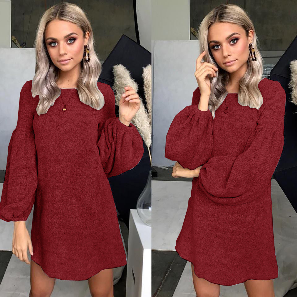 Crew Neck Loose Long Bishop Sleeves Pullover OVersized Sweater Dress