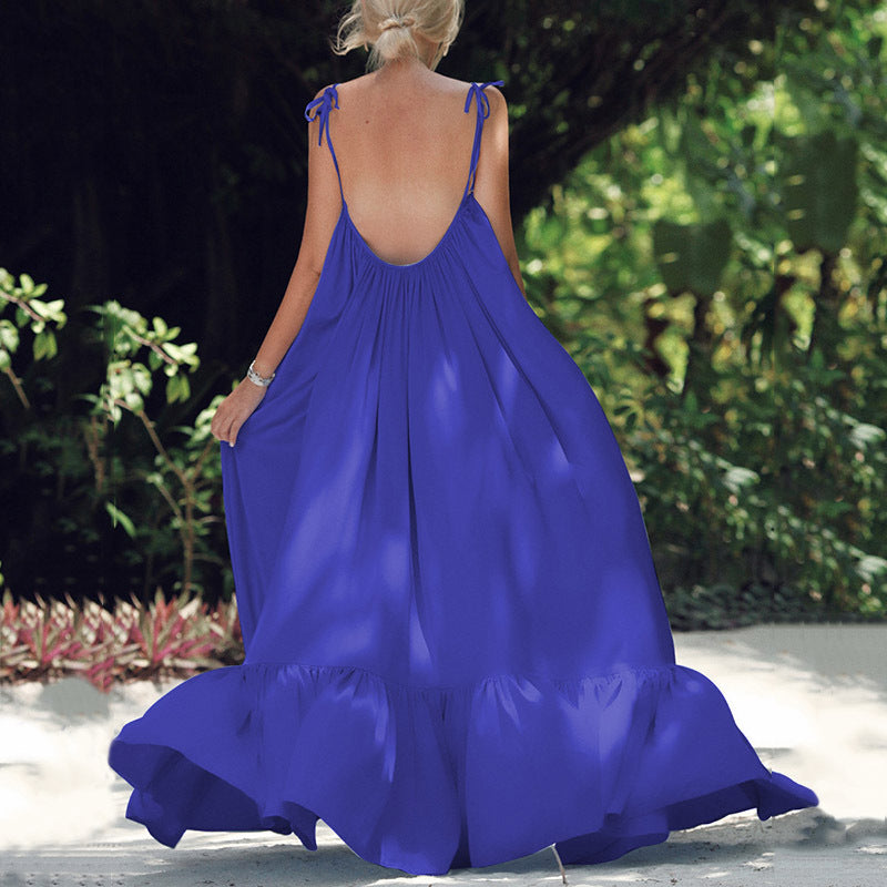 Backless Scoop Long Pleated Women Solid Color Long Beach Dress