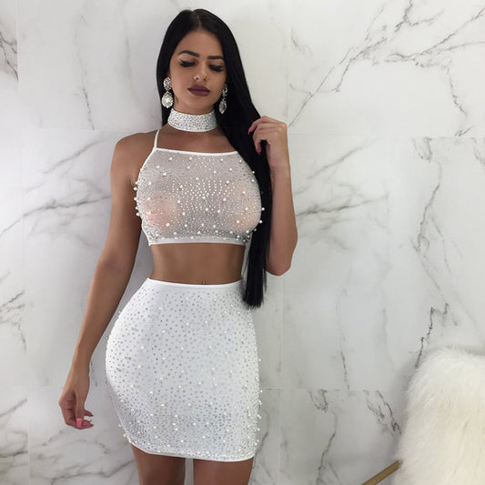Beadings Back Lace Up Crop Top High Waist Short Skirt with Necklace Women Three Pieces Set