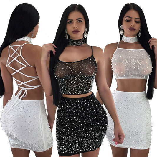 Beadings Back Lace Up Crop Top High Waist Short Skirt with Necklace Women Three Pieces Set