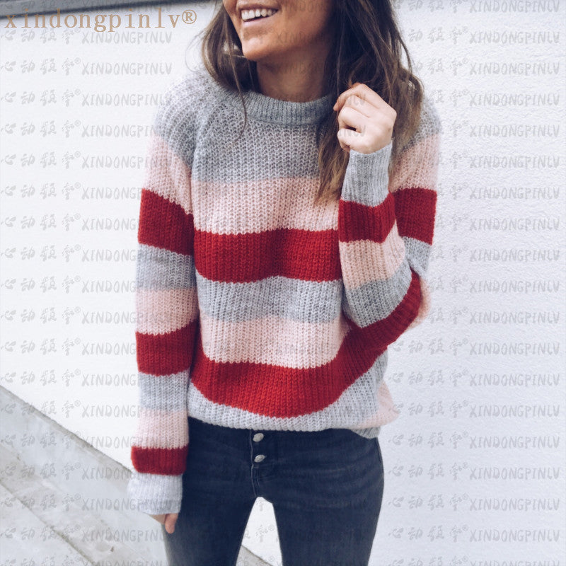 Stripes Color Patchwork Loose Scoop Women Pullover Sweater
