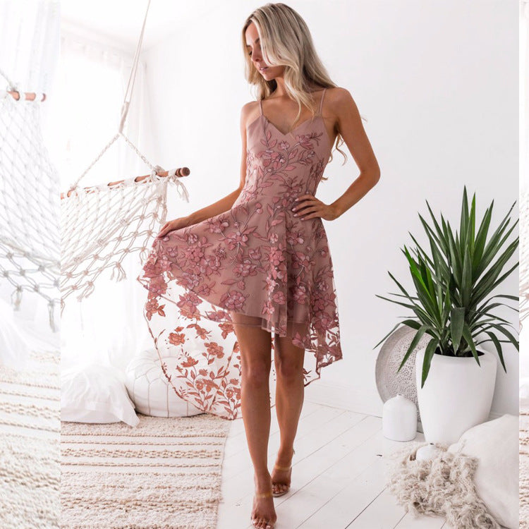 Spaghetti Straps Solid Color Women Pink Lace Irregular Dress