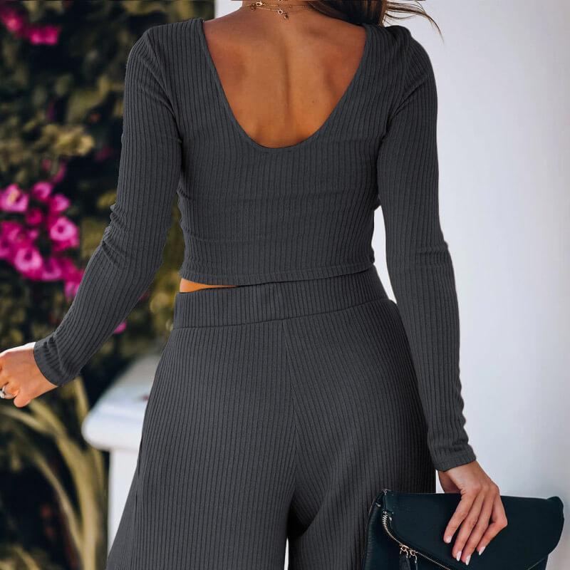 Sexy Backless Long Sleeve High Waist Wide Leg Two Pieces Set