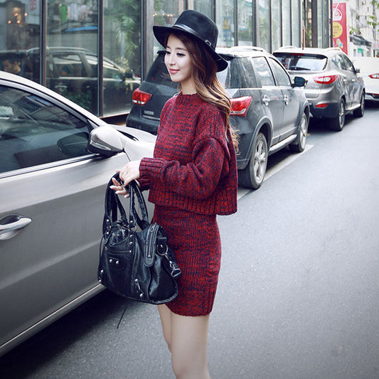 Pullover Short Sweater with Short Knit Skirt Two Pieces Set
