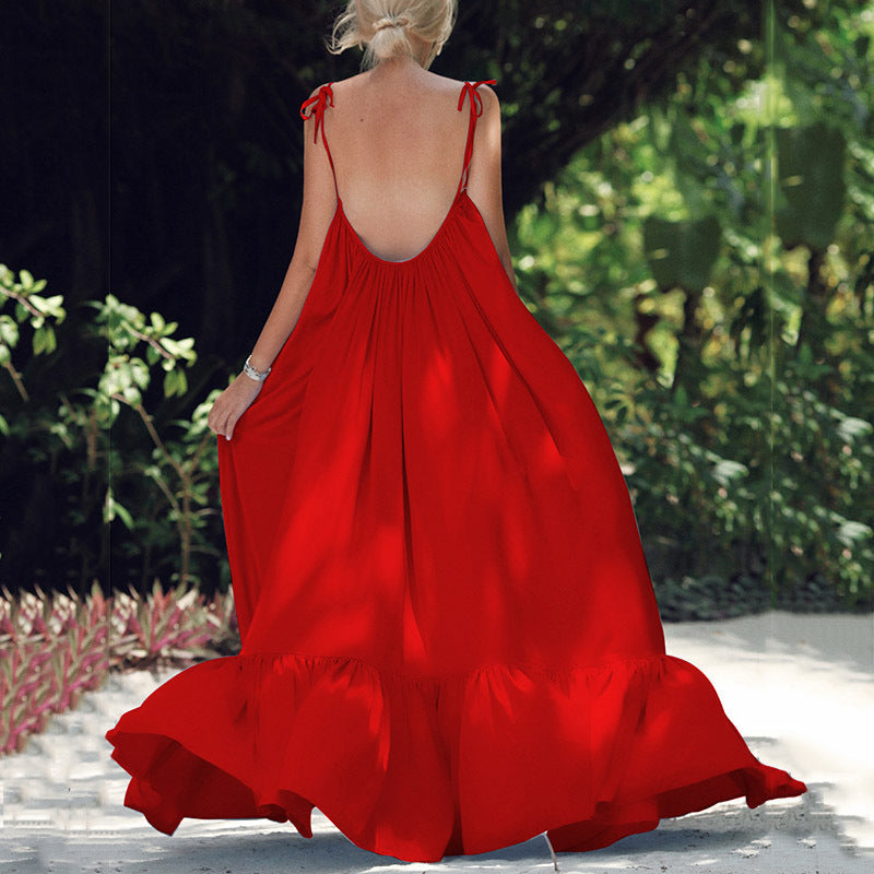 Backless Scoop Long Pleated Women Solid Color Long Beach Dress