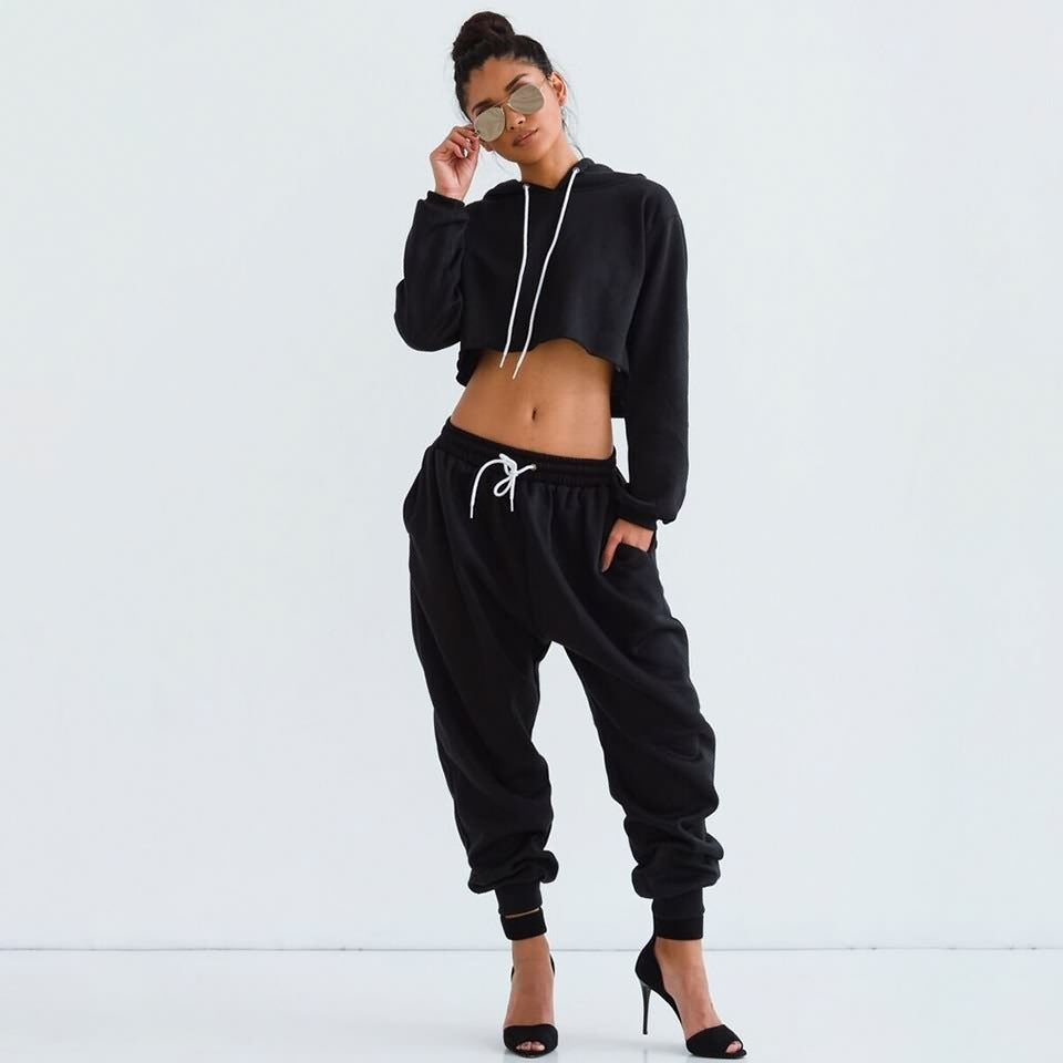 Solid Color Cropped Hoodie with Long Lantern Pants Two Pieces Set