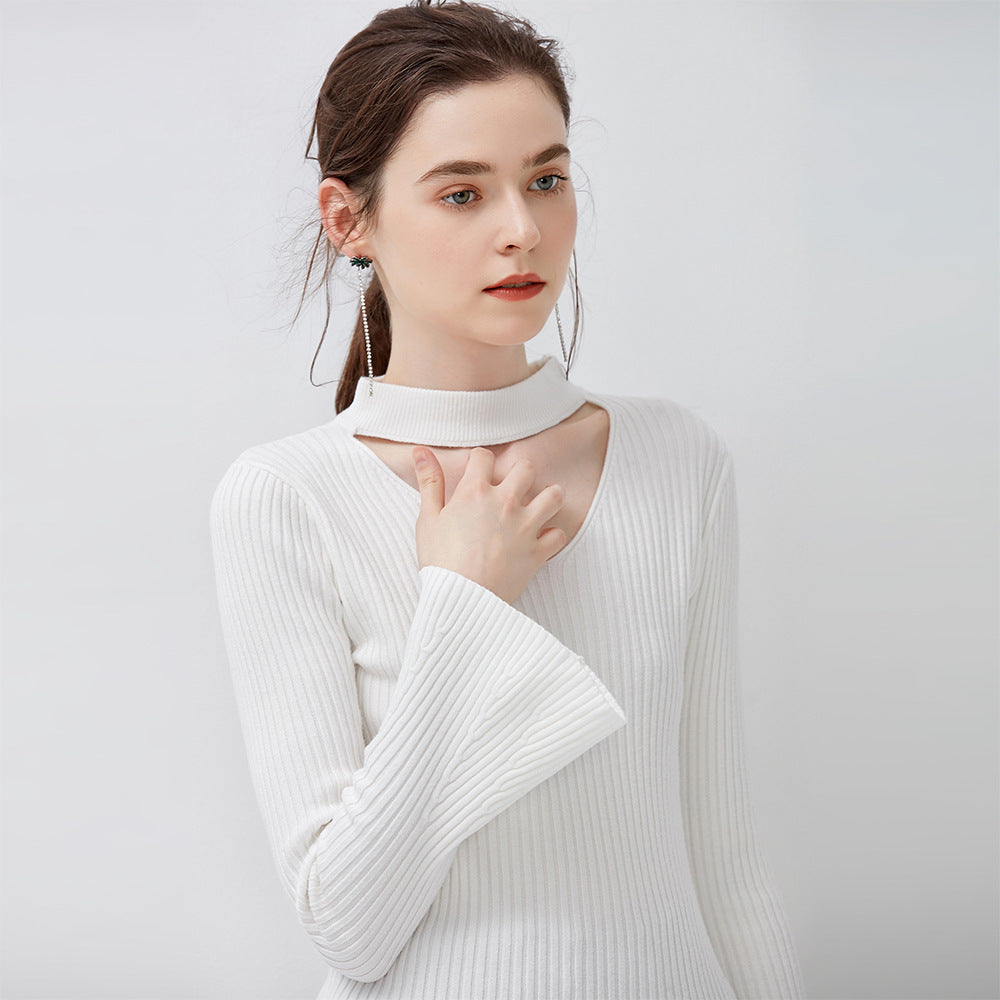 Cut Out Long Bell Sleeves Women Solid Color Slim Sweater