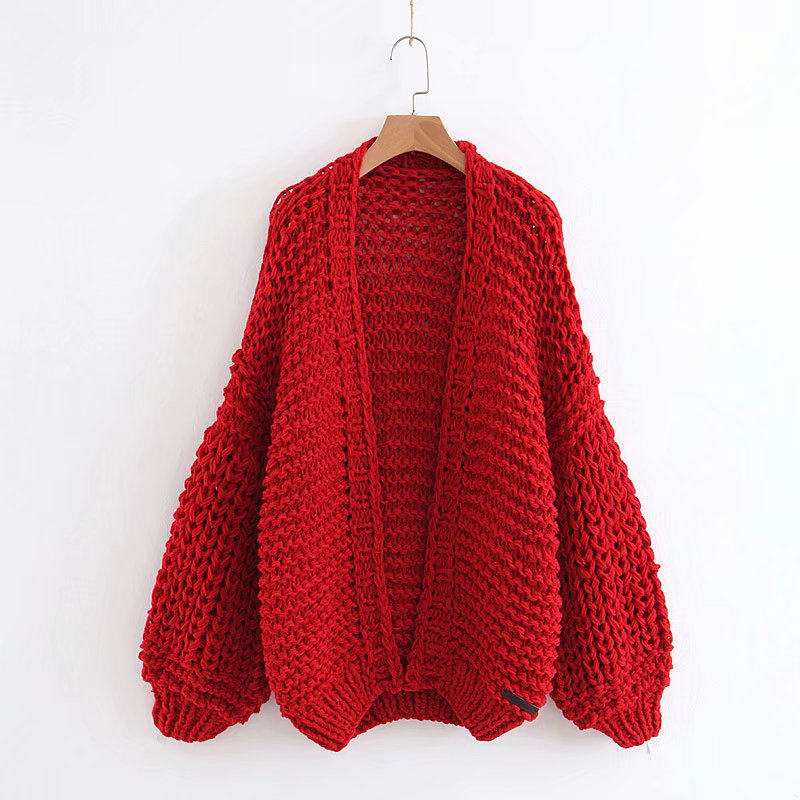 Loose Long Bishop Sleeves Women Hand Knit Chunky Sweater