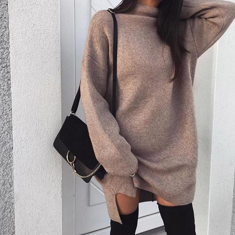 Clearance High Neck Solid Color Split Long Loose Women Pullover Sweater