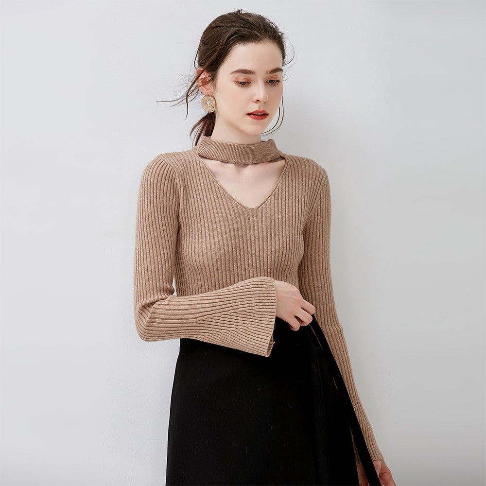 Cut Out Long Bell Sleeves Women Solid Color Slim Sweater