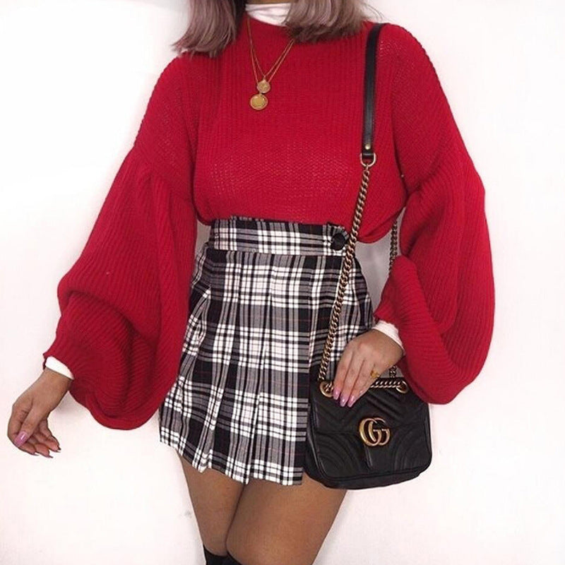 Solid Candy Color Bishop Sleeves Women Loose Chunky Sweater