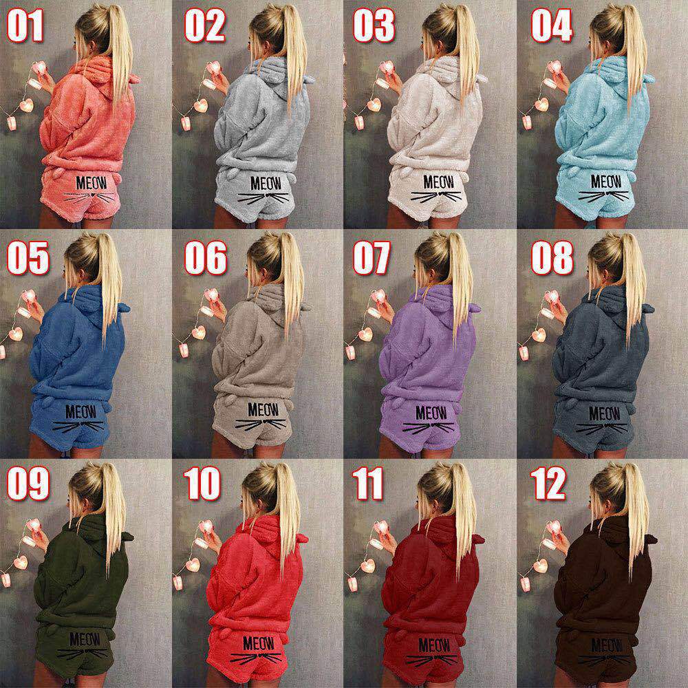 Cute Cat Print Candy Color Loverly Hooded with Shorts Women Fluffy Pajama Sets