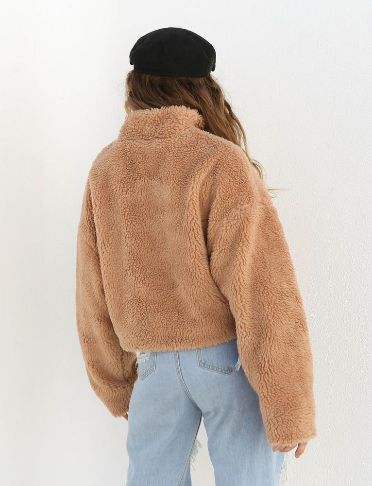 Solid Color Fluffy Stand Collar Zipper Women Loose Sweatshirt
