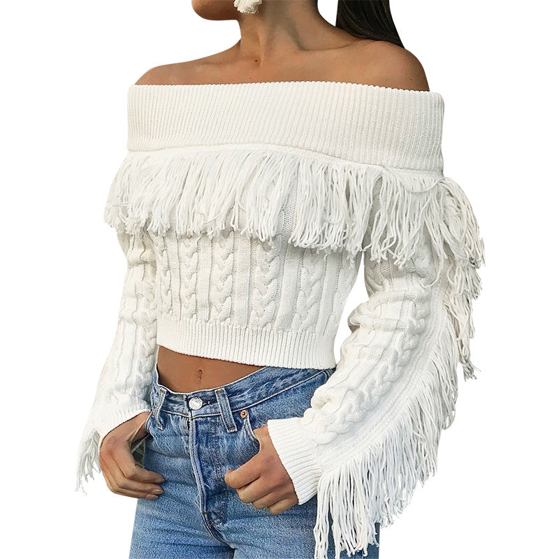 Off Shoulder Tassels Cable Knit Women Sweater