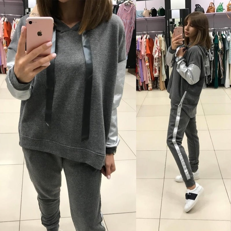 Solid Color Draw-sting Loose Hoodie with Long Pants Women Casual Two Pieces Set