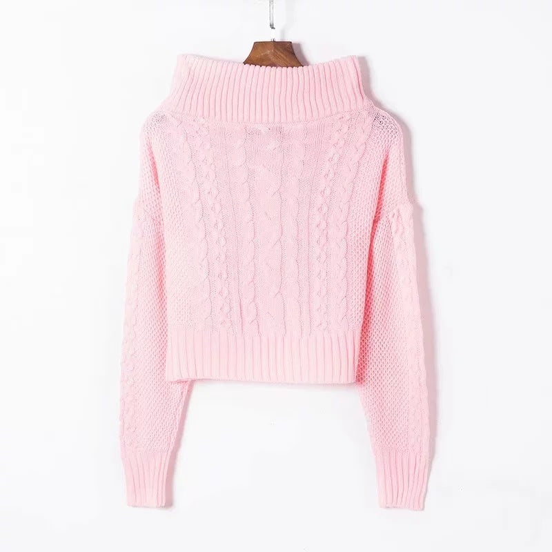 Off Shoulder Cable Knit Loose Lantern Sleeves Women Sweater